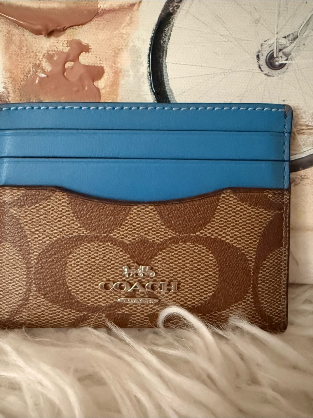 Coach Brown Signature Canvas Card Case with Blue Leather Top